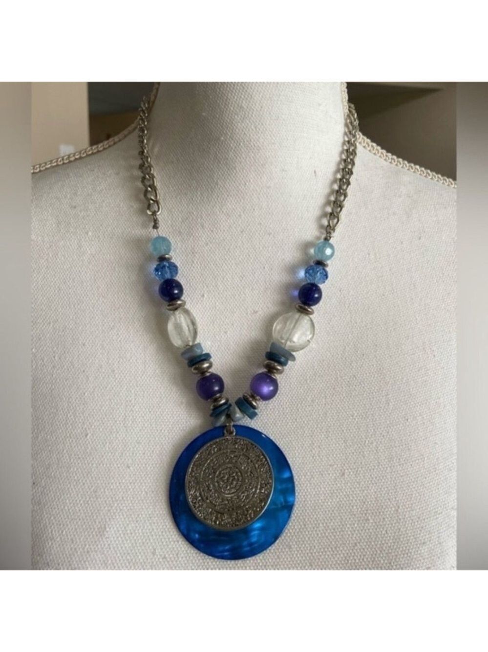 Ruby RD Blue Beaded Pendant Necklace with Silver Medallion